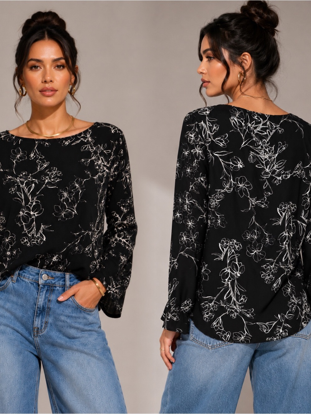Tahari Black Floral Sketch Long-Sleeve Blouse